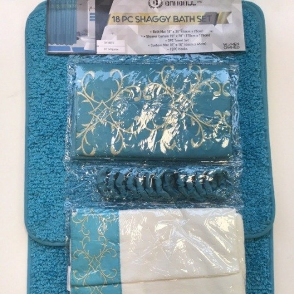 18 Pieces SHAGGY BATHROOM SETS Turquoise